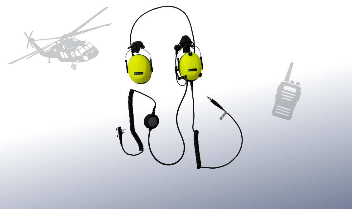 Casque 3M modifié double connectivité hélicoptère et radio ICOM